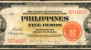 5 pesos 1936 Philippines Pesos Treasury Certificate ((RED SEAL)) ** CURRENCY