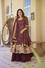 Latest Stylish Faux Georgette Maroon Gown Palazzo With Dupatta For Wedding Wear