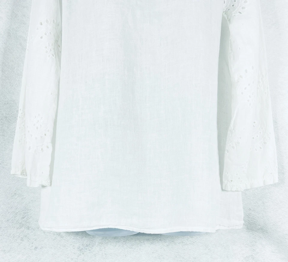 Francesca Bettini Top Women’s Large White Eyelet Long Sleeve Linen Cotton Blend - Image 3 of 4