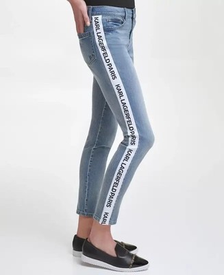 KARL LAGERFELD PARIS Contrast Logo Taping Jeans Women's 8 Blue Button Closure