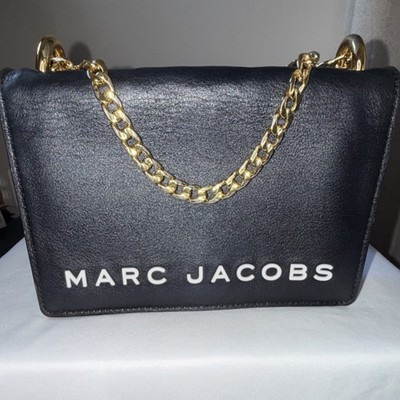 Marc Jacobs Black Leather Crossbody Bag Gold Chain Strap Logo Flap Purse