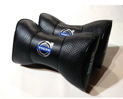 2x Volvo Car Headrest Pillows PU Leather   Black Neck Support Cushions (00635)