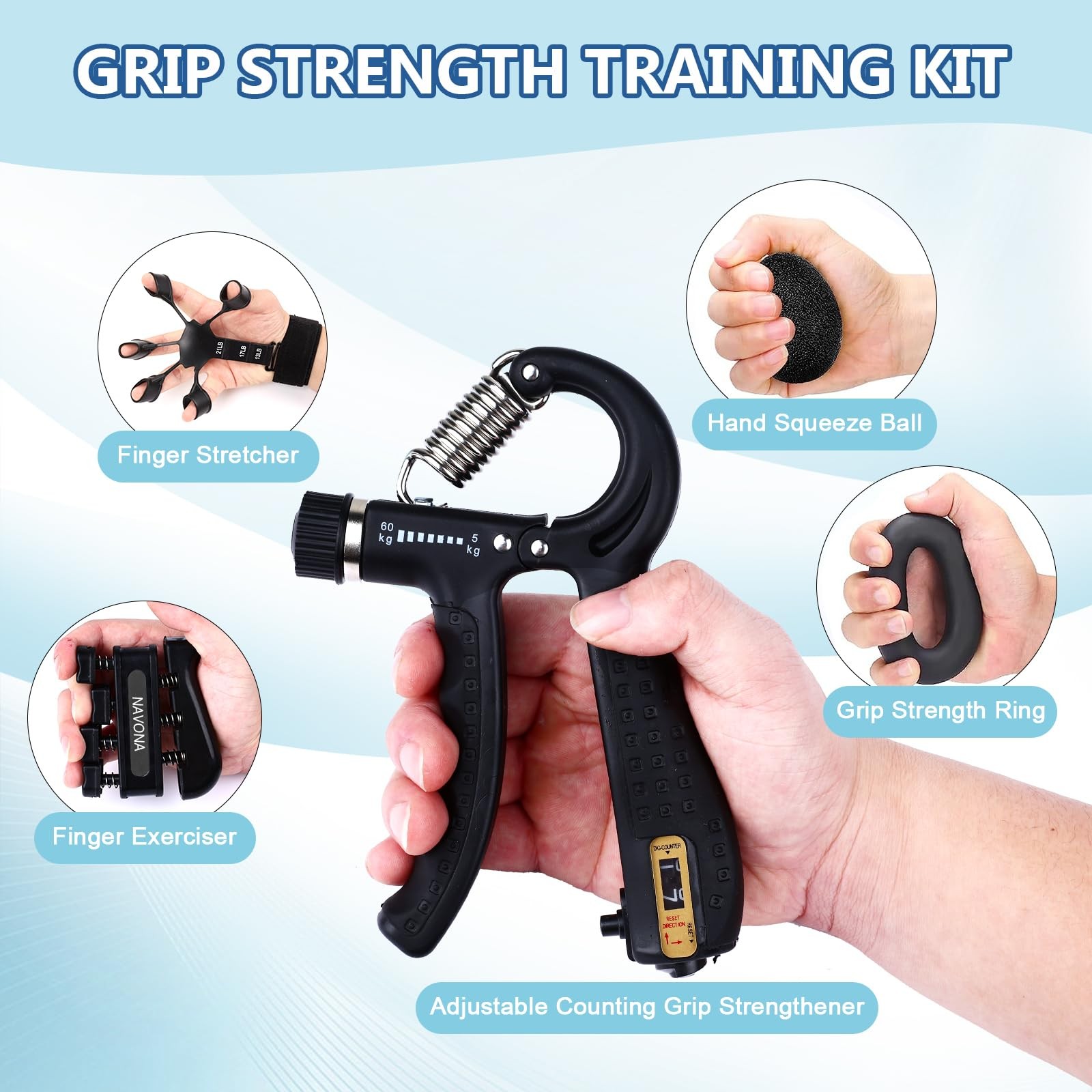 5 PCS Grip Strength Trainer Kit, Hand Gripper Strengthener, Forearm Black