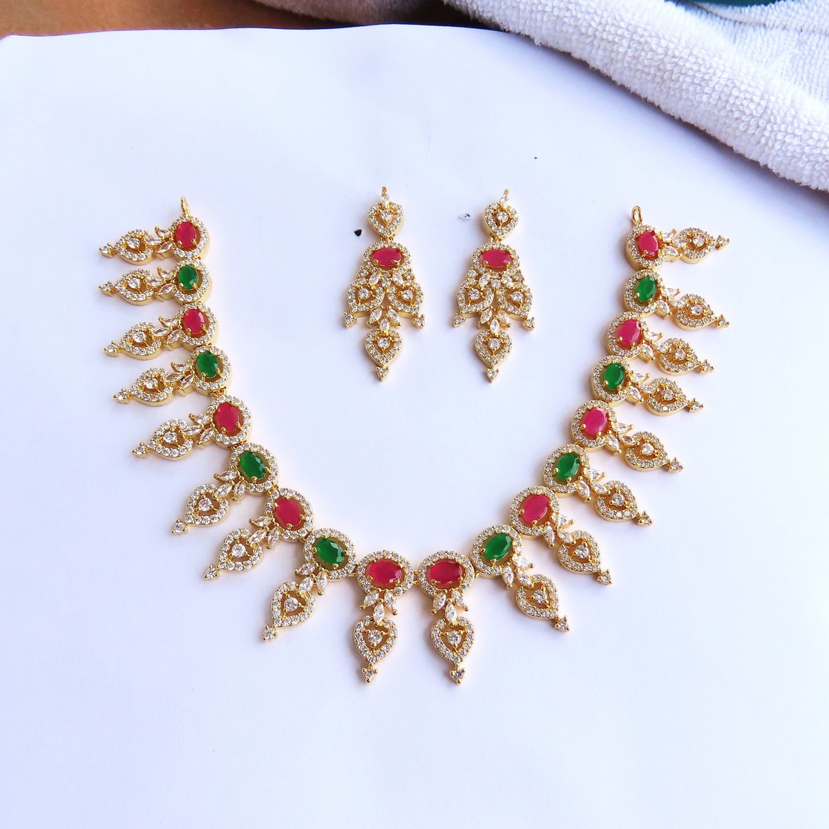 Gold Plated American Diamond CZ Necklace Set Indian Bollywood