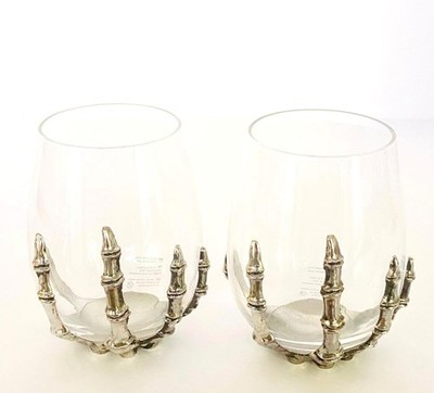 Pottery Barn Skeleton Hand 14oz Stemless Wine Glasses - Set of 2
