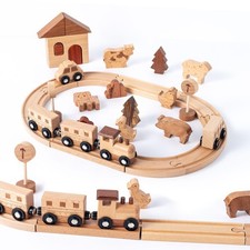 32PCS Wooden Train Set for Toddlers, 10.6 by 8.66 Inch Compact Size Double-Si...