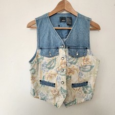 Vintage 90s Lizwear Denim Floral Vest Women's S Western Cottagecore Country Boho