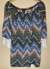 Win Win Womens Multicolor Tunic Top Half Sleeve Lace Trim Sz L-XL