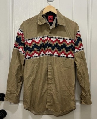 Vintage Roper Western Shirt L Aztec Print Beige Long Sleeve USA