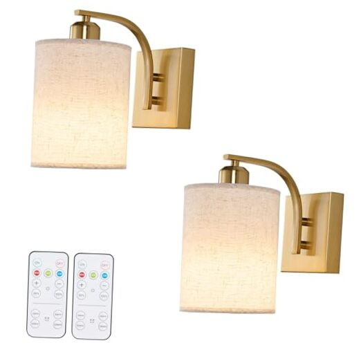 Gold Rechargeable Battery Operated Wall Sconces Set of 2 with Remote, Wireless