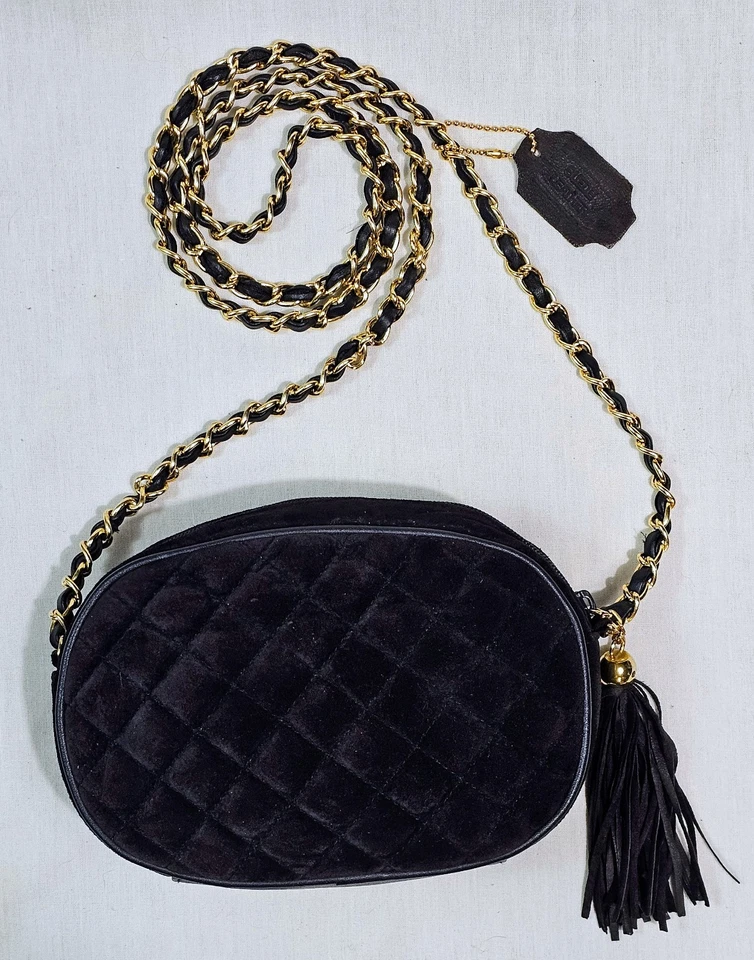 Bolso Bandolera Bolso Cartera Bechamel Acolchado Cuero Gamuza Negro Cadena Dorada Foto 2 de 4