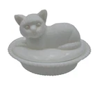 Westmoreland Milk Glass Cat Covered Dish Basket Vintage Glass Trinket Nest