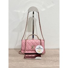 Chanel Quilted Leather Crystal Embellished Clutch Handbag with Chain Strap Pink