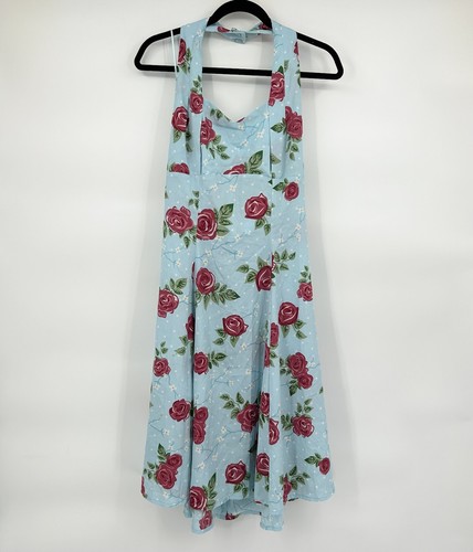 Hell Bunny Vixen Blue Pink Rose Floral Halter Midi Dress Pin-Up Size Large L