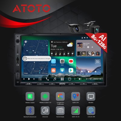ATOTO X10 8G+128G Android AI Car Stereo Bluetooth Radio GPS NAVI w/ F&R Cameras