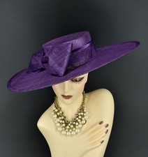 M23155( Purple )Wide Brim Sinamay Fascinator hat Kentucky Derby Wedding Church