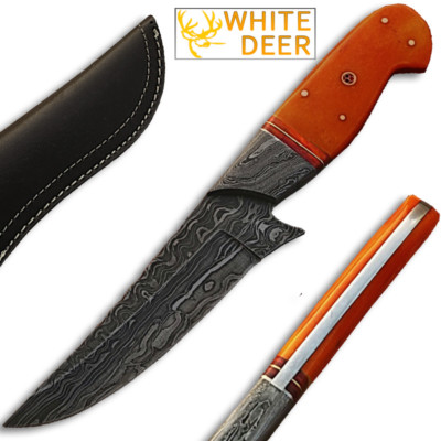 White Deer Damascus Steel Custom made  Knife Orange Color Camel Bone Handle 