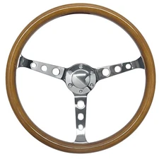 Hiwowsport 15" Classic Wooden Steering Wheel Silver Chromed Spoke 1.5" Depth