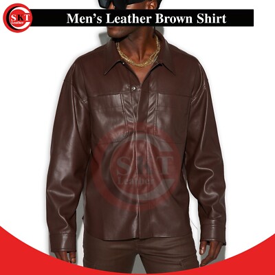 Men's Leather Button Down Shirt Dark Brown Lambskin Leather Shirt Slim Fit Shirt