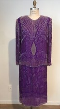 Formal /Wedding Beaded Gown Purple 100 Silk Long Sleeve Mid Length Skirt Sz M/L