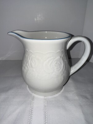 Table Tops Unlimited Victorian Rose White W/ Blue Trim Milk Pitcher 6  Hi Roses