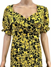 NWT Vintage Retro Style Yellow Mustard Midi Dress Floral Tie Back Size S,M,L