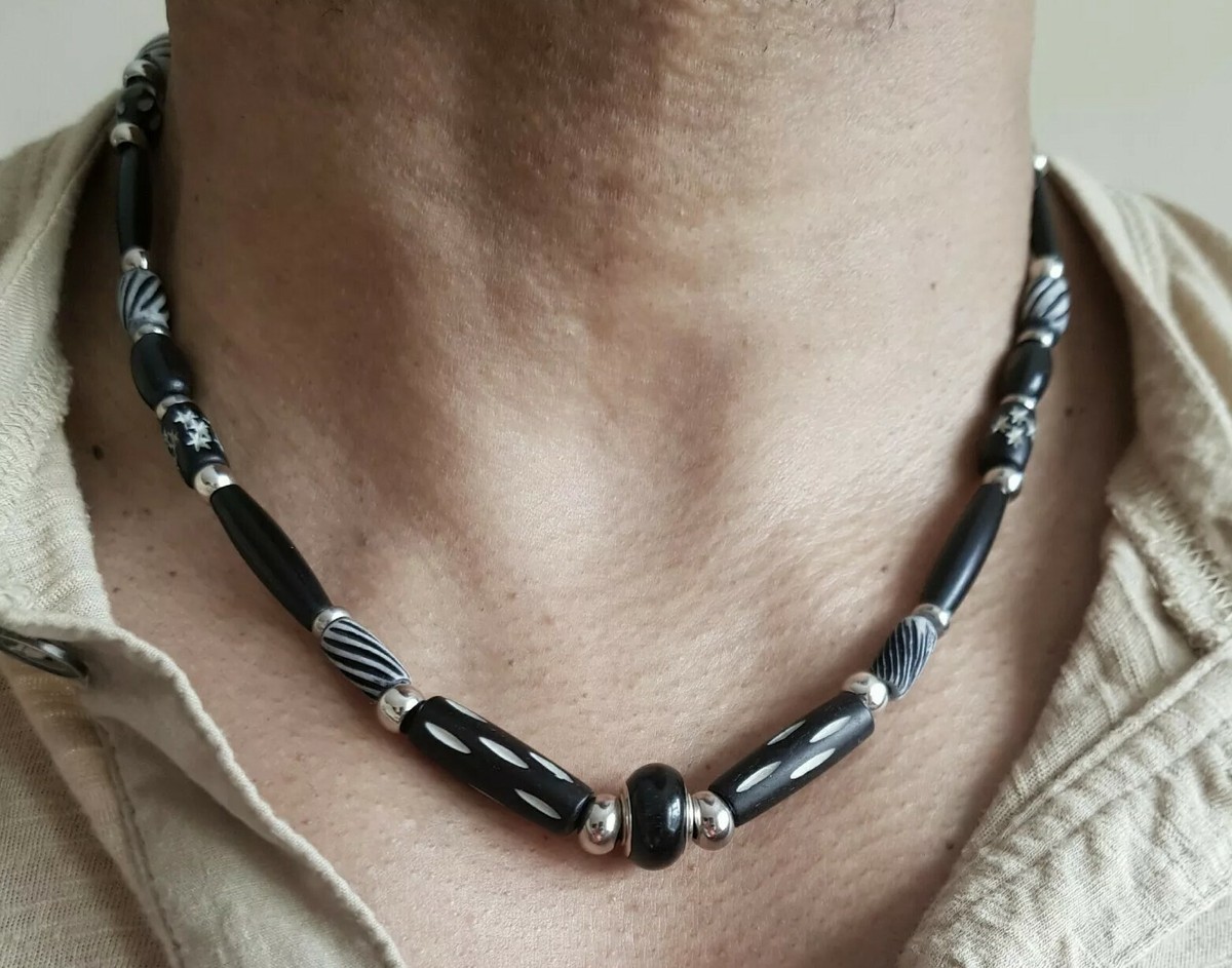 Men's black necklace,leather,wood,yak bone,surfer,tribal,ethnic