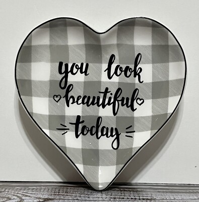 Beautiful Today Gray And White Heart Shaped Glazed Ceramic Trinket Jewelry Dish