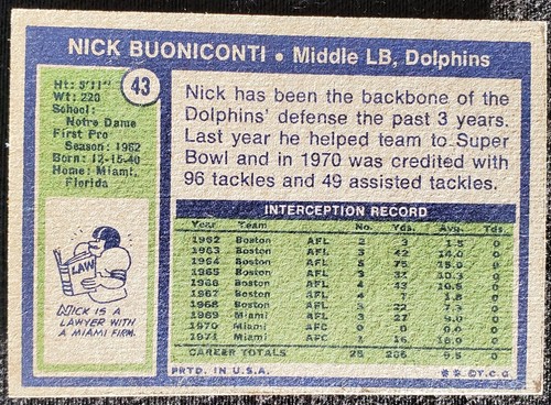 1972 Nick Buoniconti Miami Dolphins Topps NFL Card #43 NCAA Notre Dame Irish - Picture 2 of 6