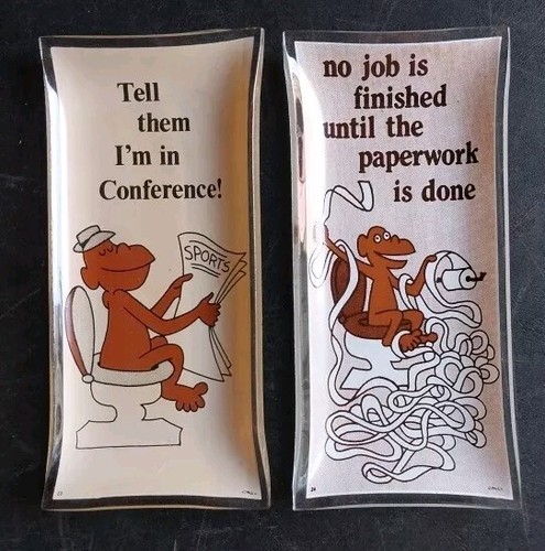 Lot Of 2 Vintage Houze Art Glass Ashtray Dish Monkey On Toilet Naughty Novelty