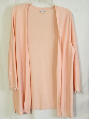 J. Jill Linen Blend Open Front Fringed Cuffs Long Ballet Pink Cardigan Size Lg