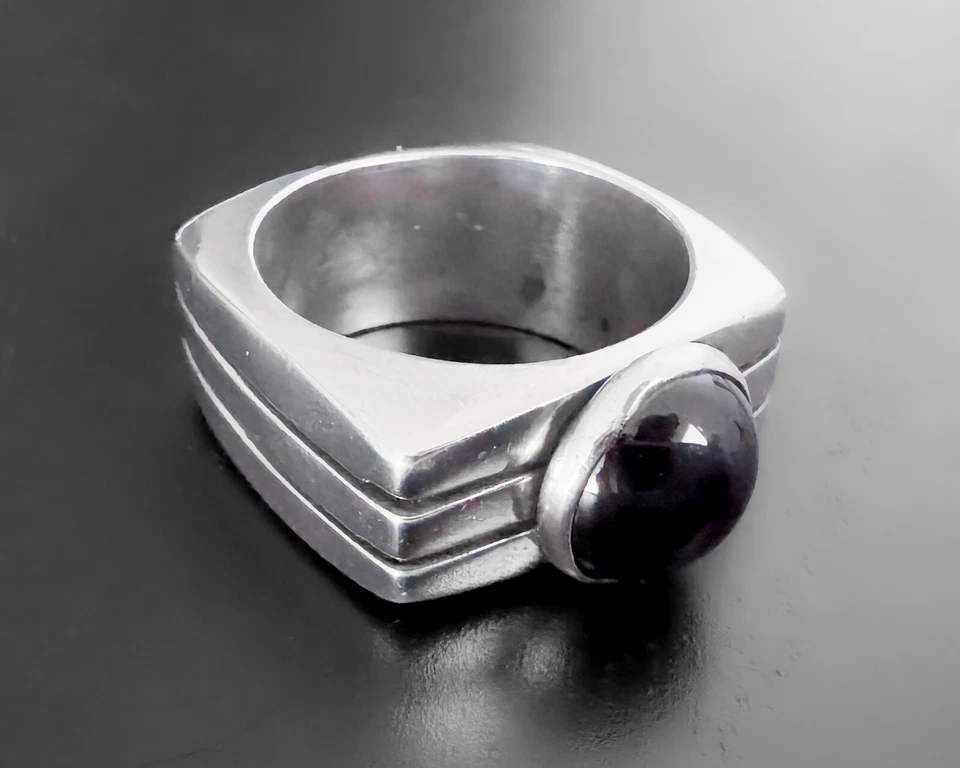 Anillo Modernista Ancho Acanalado Cuadrado Pesado Grueso Cabina Ónix Plata Esterlina 19g s9 Foto 2 de 4