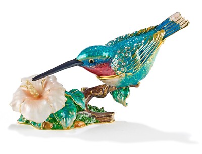Blue Hummingbird & Orchid Trinket Box, jeweled, enameled, NIB - So Cute!