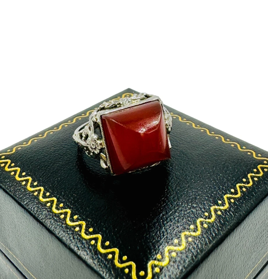 Art Deco 14K White Gold Carnelian Sugar Loaf Stone l Ring - Image 4 of 4