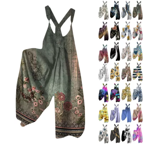 Women's Floral Jumpsuit Baggy Dungaree Ladies Summer Romper Playsuit Overalls - Picture 2 of 48