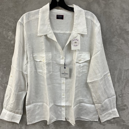 Untuckit Shirt Women’s 18 XL Top 100% Linen White Button Up Roll Tab Sleeve NWT
