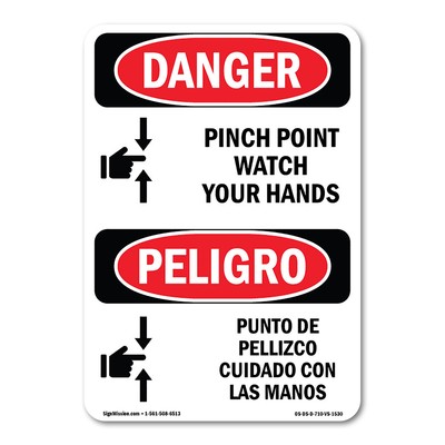 Pinch Point Watch Your Hands Bilingual ANSI Danger Sign Metal Plastic Decal