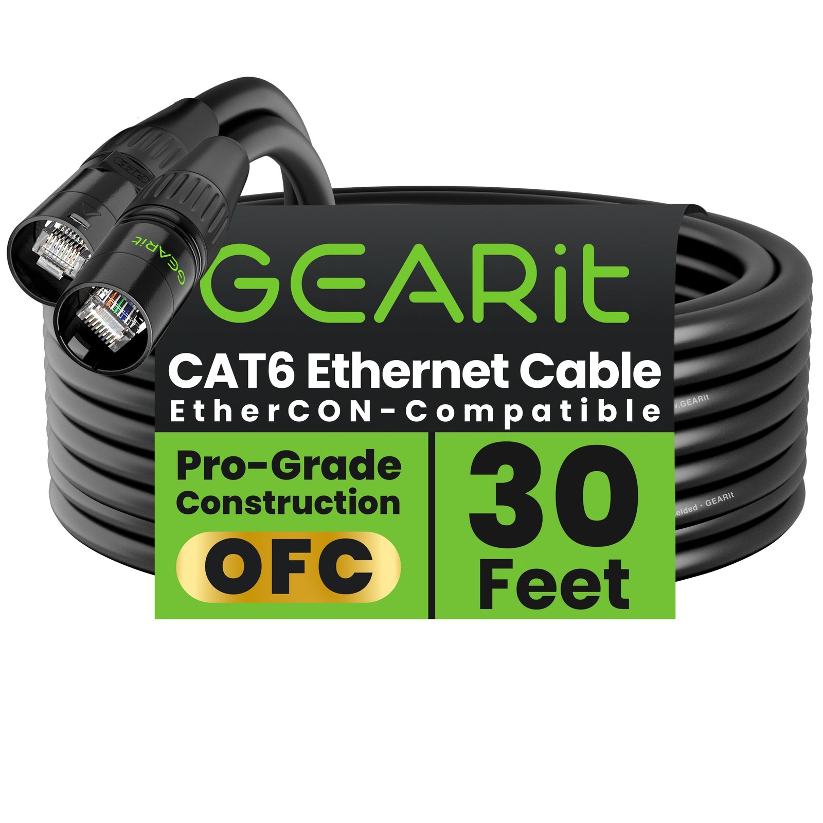 30ft Shielded CAT6 Ethercon Cable for Pro Audio & Lighting RJ45 Ethernet