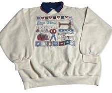 Vintage 80’s Wons Wear Sewing-Themed Sweatshirt With Collar L cream made in USA