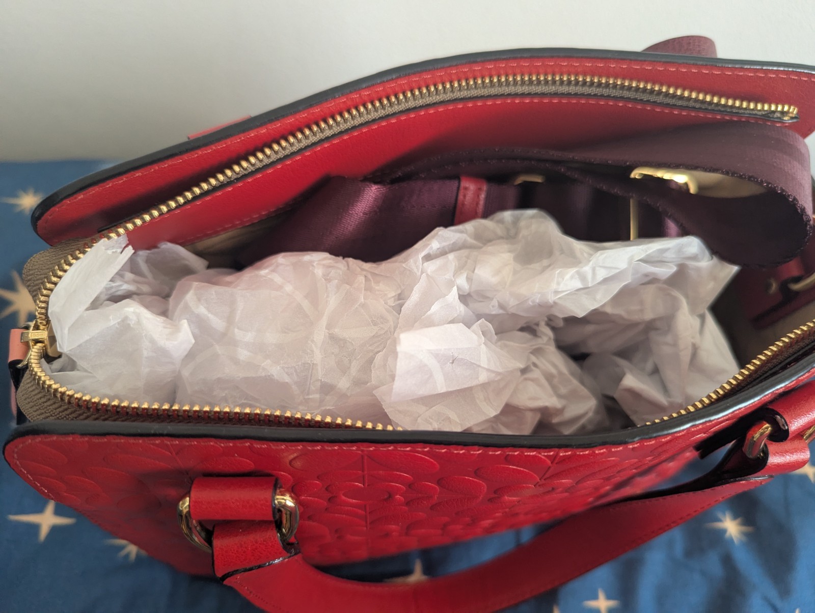 Orla Kiely Jeanie Leather Red Stem Embossed Bag image 9