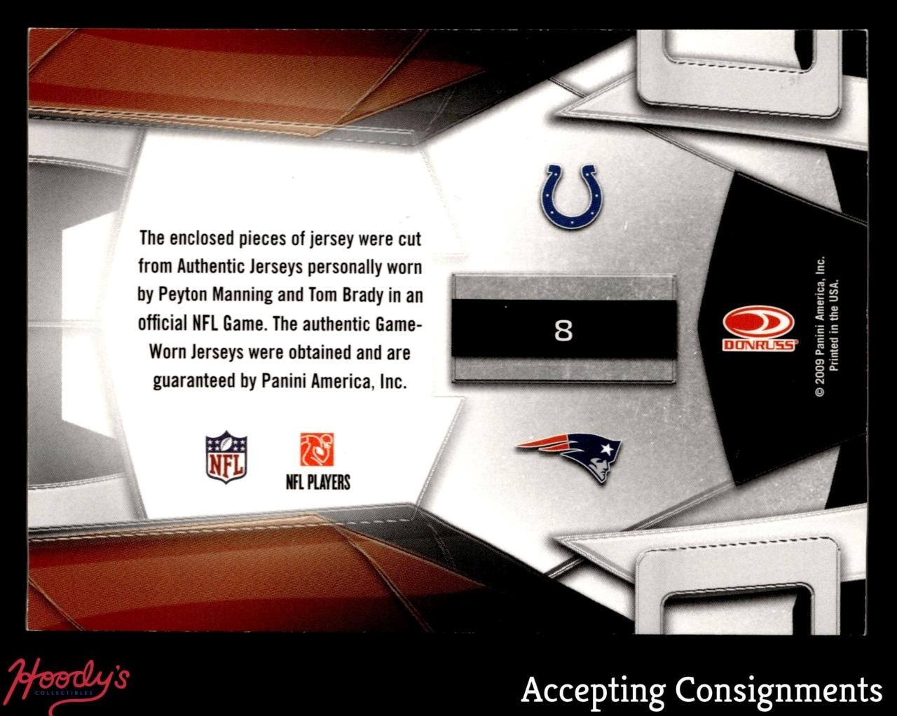 2009 Donruss Gridiron Gear Rivals Peyton Manning, Tom Brady GAME USED JERSEY view 2