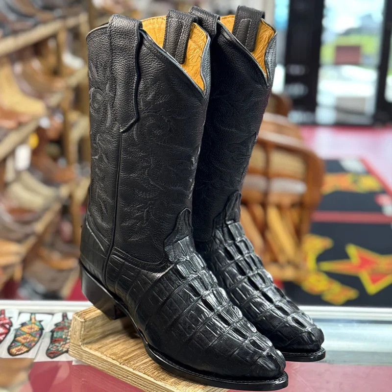 靴 Hand made Pointed toe leaher boots Genuine Leather Exotic Crocodile Caiman Print J-Toe Cowboy Boots