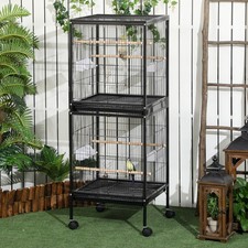 PawHut 2 In 1 Large Bird Cage Aviary with Wheels, Slide-out Trays Wood Perches