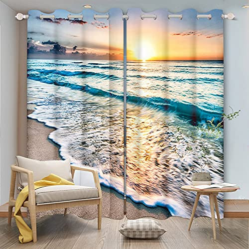 Sea Sand Beach Window Curtains Sunset Clouds Blue Seashore Coastal Ocean - Picture 7 of 8