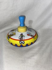 Vintage Ohio Art Tin Toy Spinner - Blue Handle Circus Design Metal Spinning Top