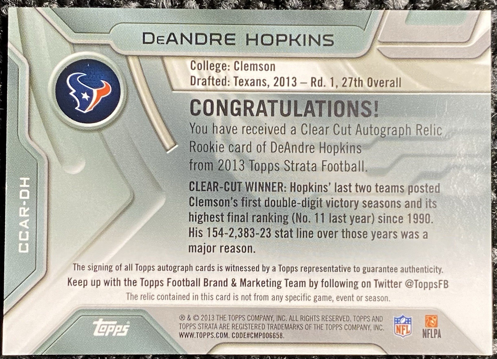 2013 Topps Strata DeAndre Hopkins RC Auto 3 Color Patch Blue /50 Texans CDV view 2