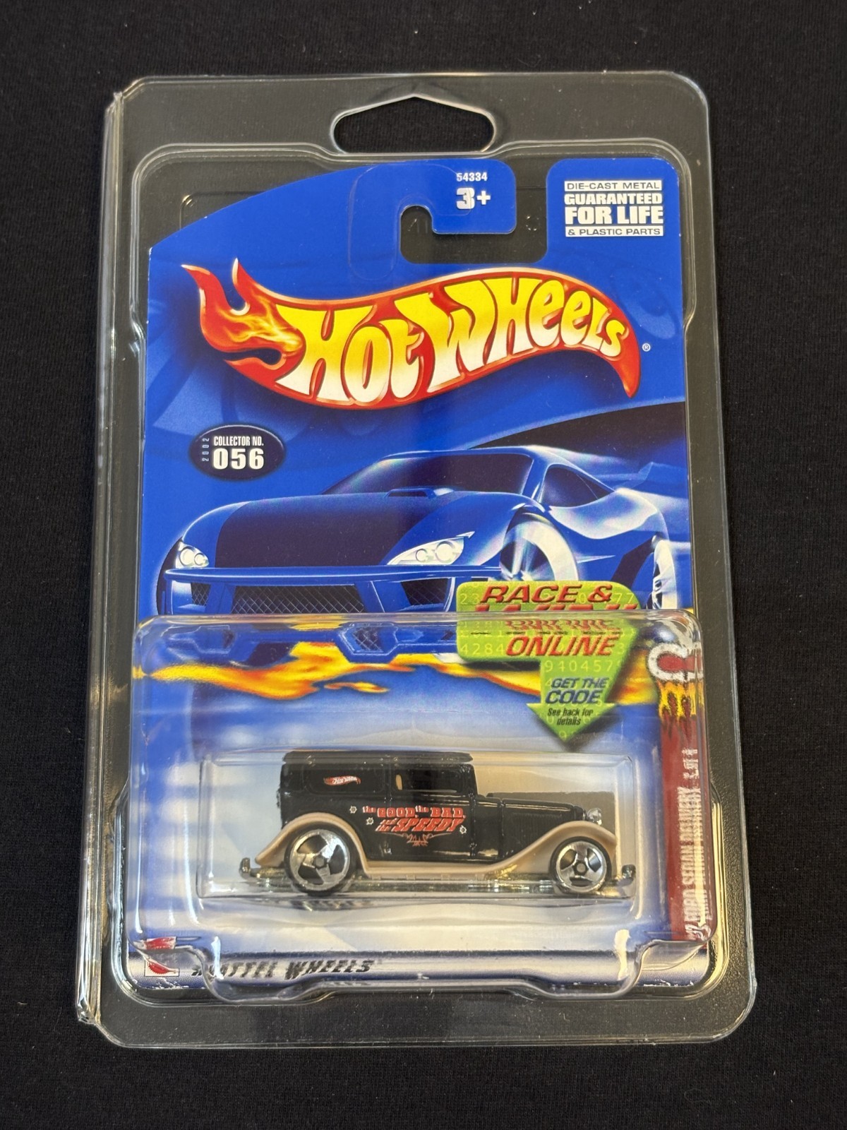 2002 HOT WHEELS '32 FORD SEDAN DELIVERY 2/4 WILD FRONTIER 056 BLACK W/ PROTECTOR
