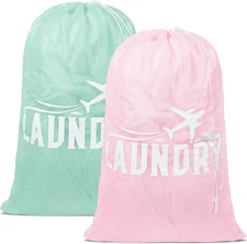 2 Pack Large Mesh Laundry Bag, Heavy Duty Laundry Bags with Pink+Green