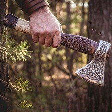 Handmade Carbon Steel 18-Inch Bearded Viking Axe Ragnar Style Engraved Handle