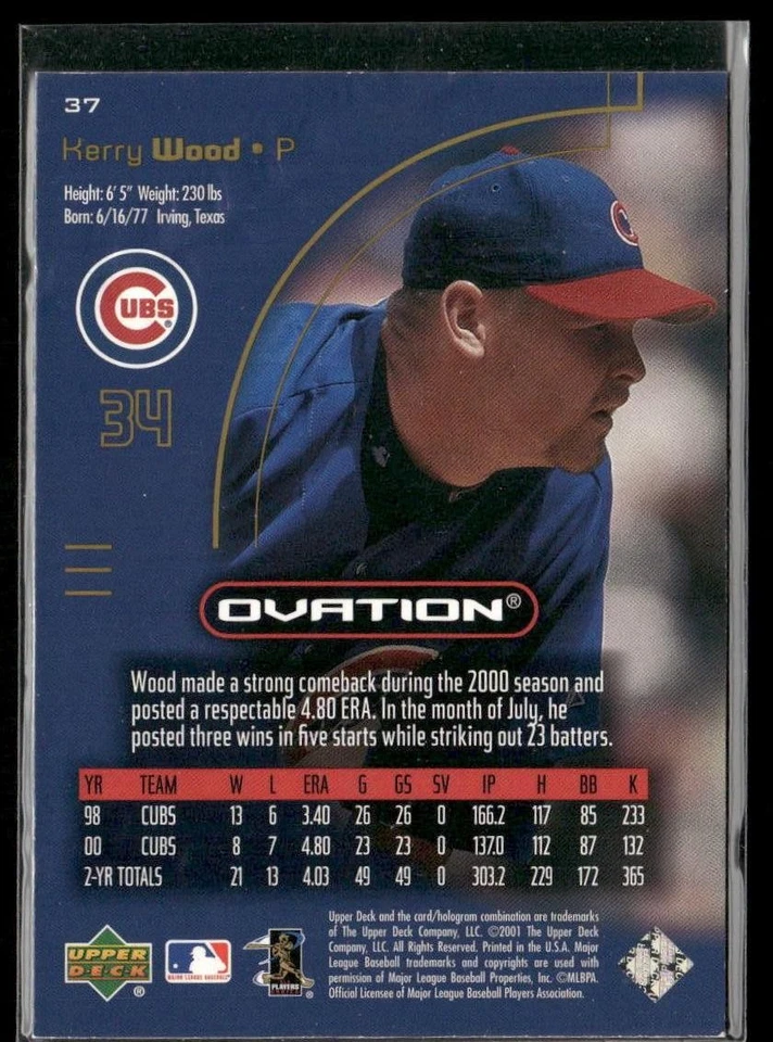 2001 Upper Deck Ovation Kerry Wood #37 Chicago Cubs - Image 2 of 2